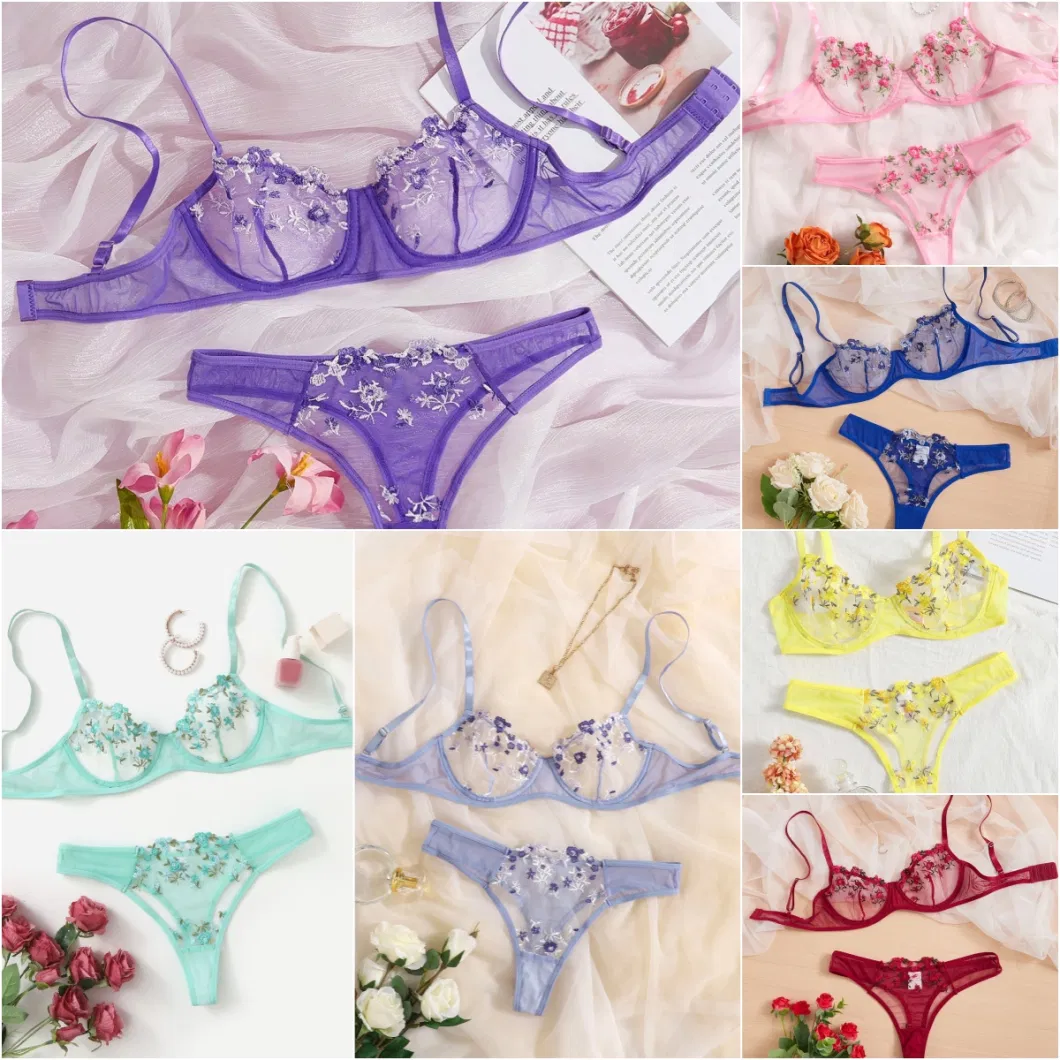 Lenceria Extreme Sex Dessous Lingerie Ladies Mesh Underwire Women&prime; S Underwear Brassier Floral Embroidered Bra Set Sexy Lingeries for Women