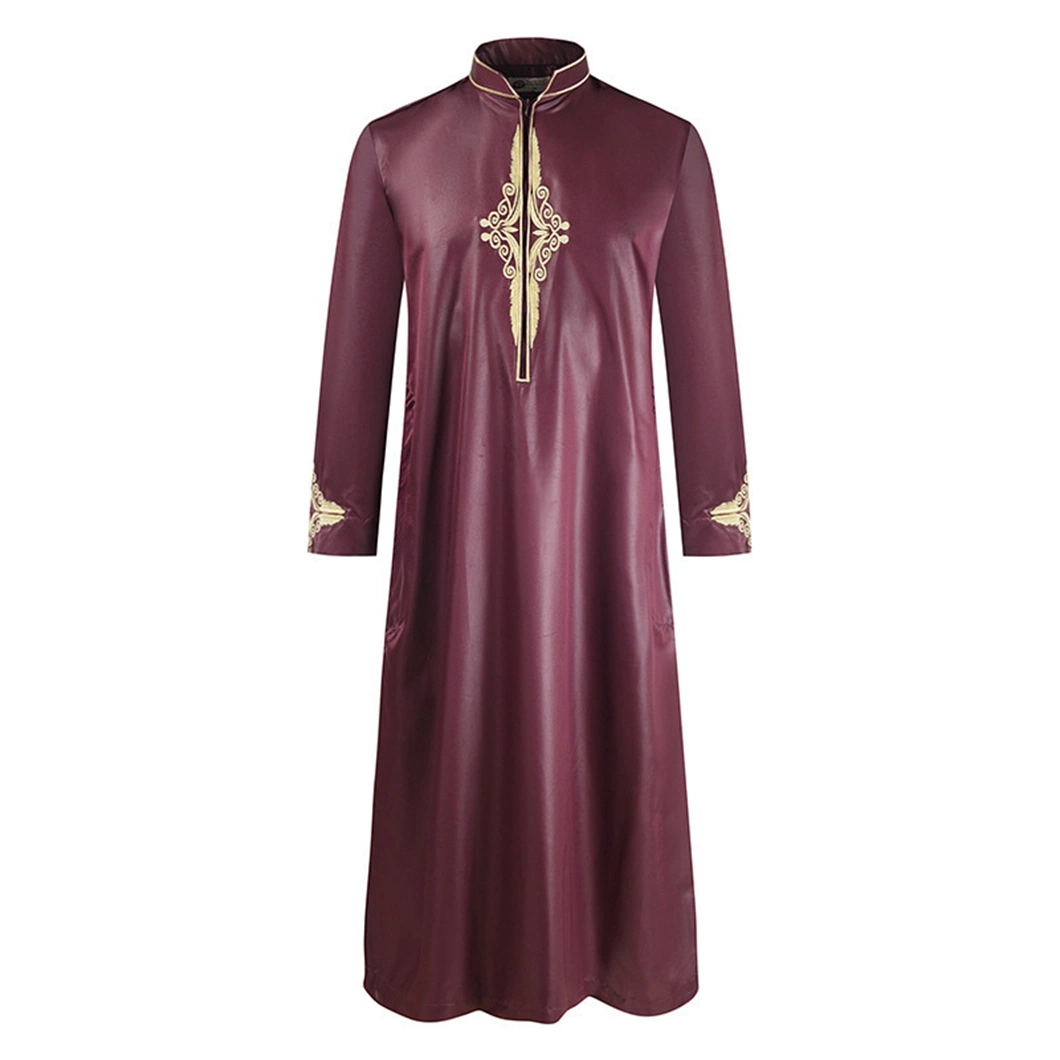 East Stand Collar Casual Muslim Embroidered Satin Long Sleeve Ramadan Arabian Islamic Clothing Men&prime;s Clothes