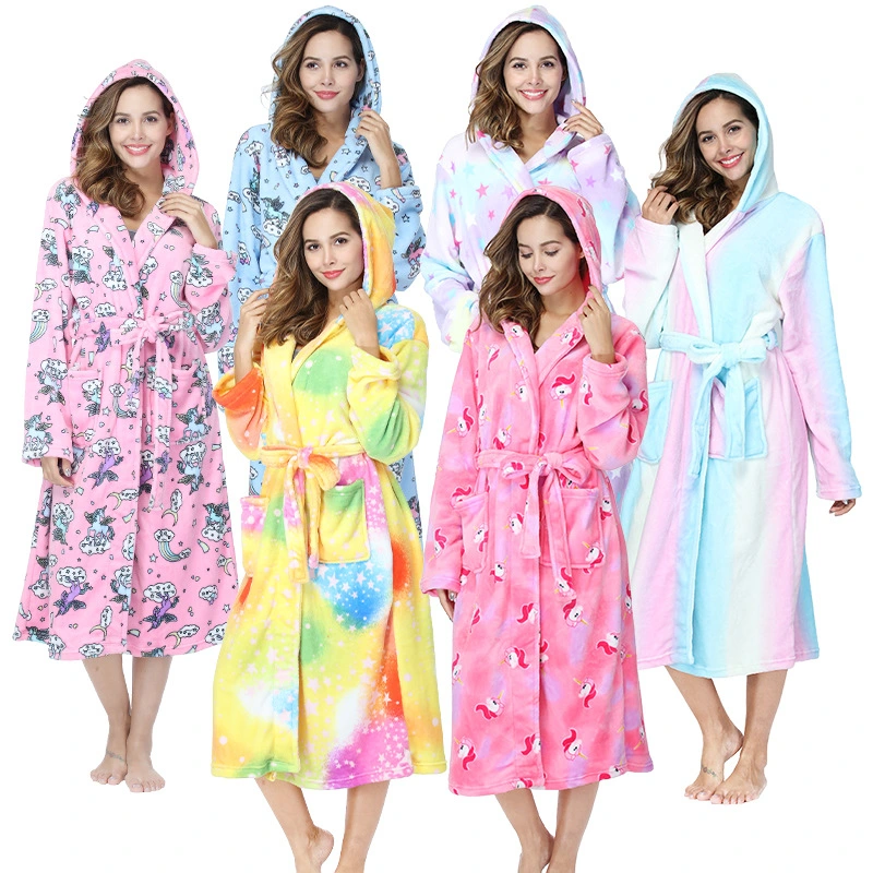 Women&prime;s Winter Lounge Wear Robe Velvet Flannel Night Gown