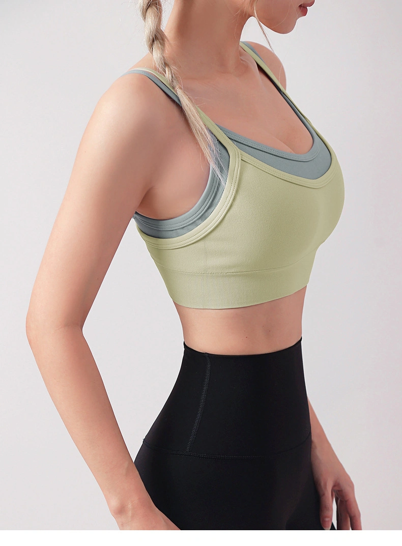 Women&prime; S Sports Bra One-Piece Gather Contrast Color Double Shoulder Straps Beautiful Back Yoga Clothes Shockproof Fitness Running Vest