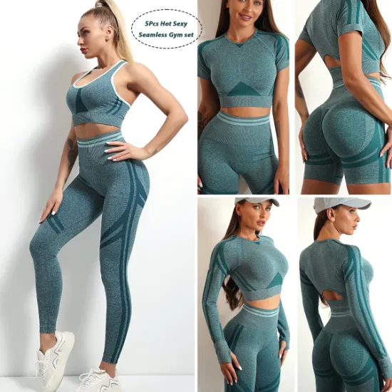 Wholesale Ladies 5PCS Hot Fashion Ropa De Yoga Wear Workout Clothes for Women, Custom Seamless Bra + Crop Top + Scrunch Gym Shorts + Leggings Fitness Apparel