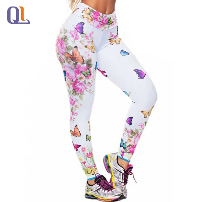 Colorful Butterfly Peony Flower Pattern Print Leggings Slim Fitness Sports Yoga Pants